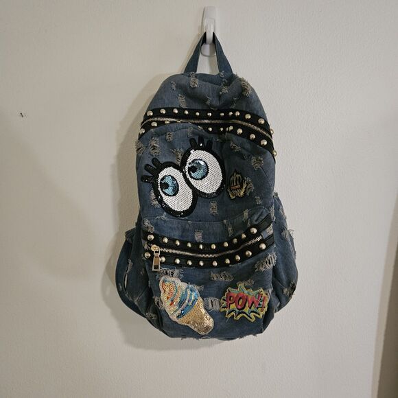Unique Stunning Backpack. Distressed Soft Denim. Patches. Embroidery Bling Euc - Picture 9 of 13